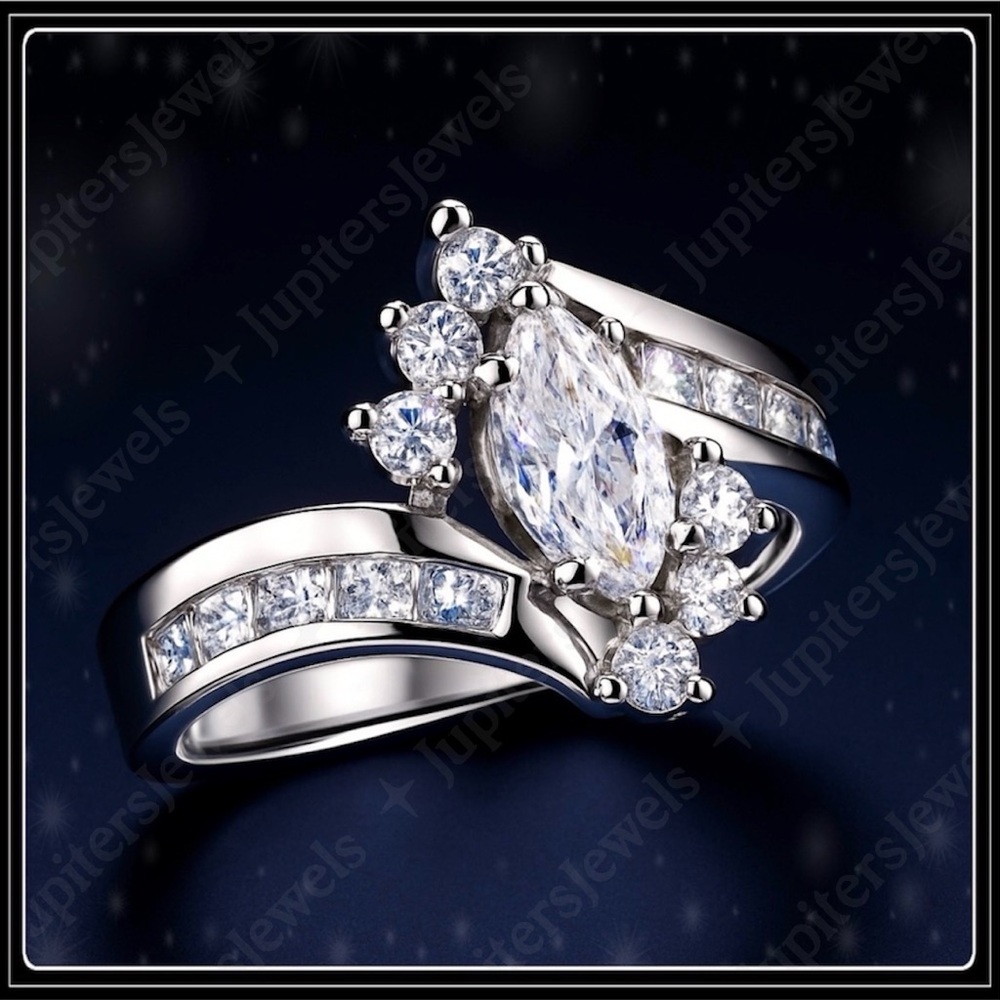 NEW 925 SIMULATED DIAMOND MARQUISE CLUSTER BAGUETTE SILVER ENGAGEMENT RING